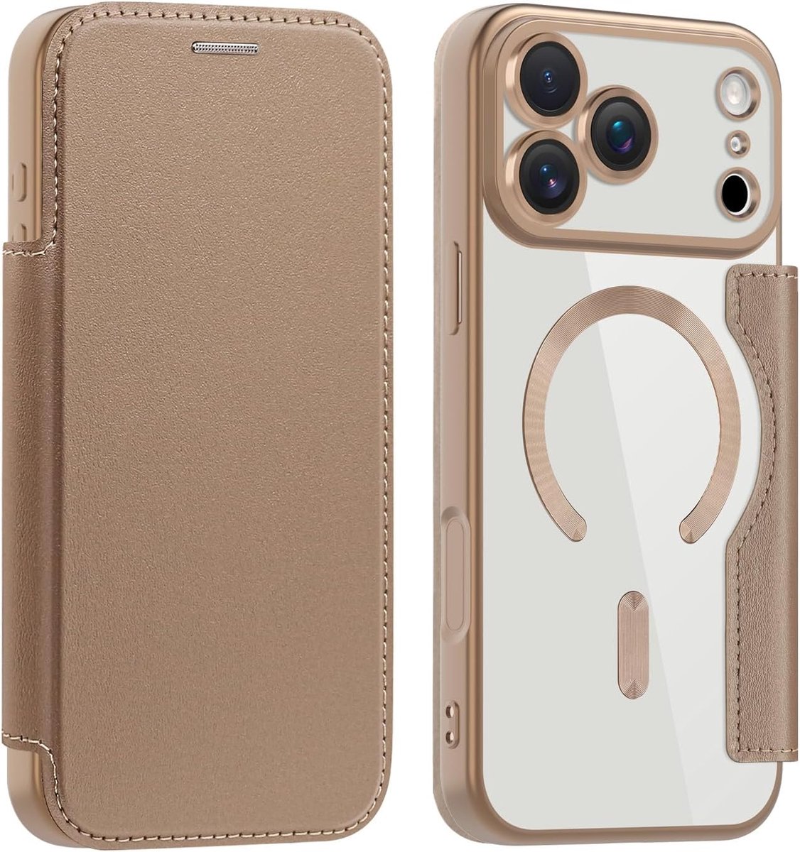 PU-leeren hoes voor iPhone 17 Pro Max - Etui met kaartvakken, draadloos opladen, camerabescherming, transparante achterkant, schokbestendig en krasbestendig, goud