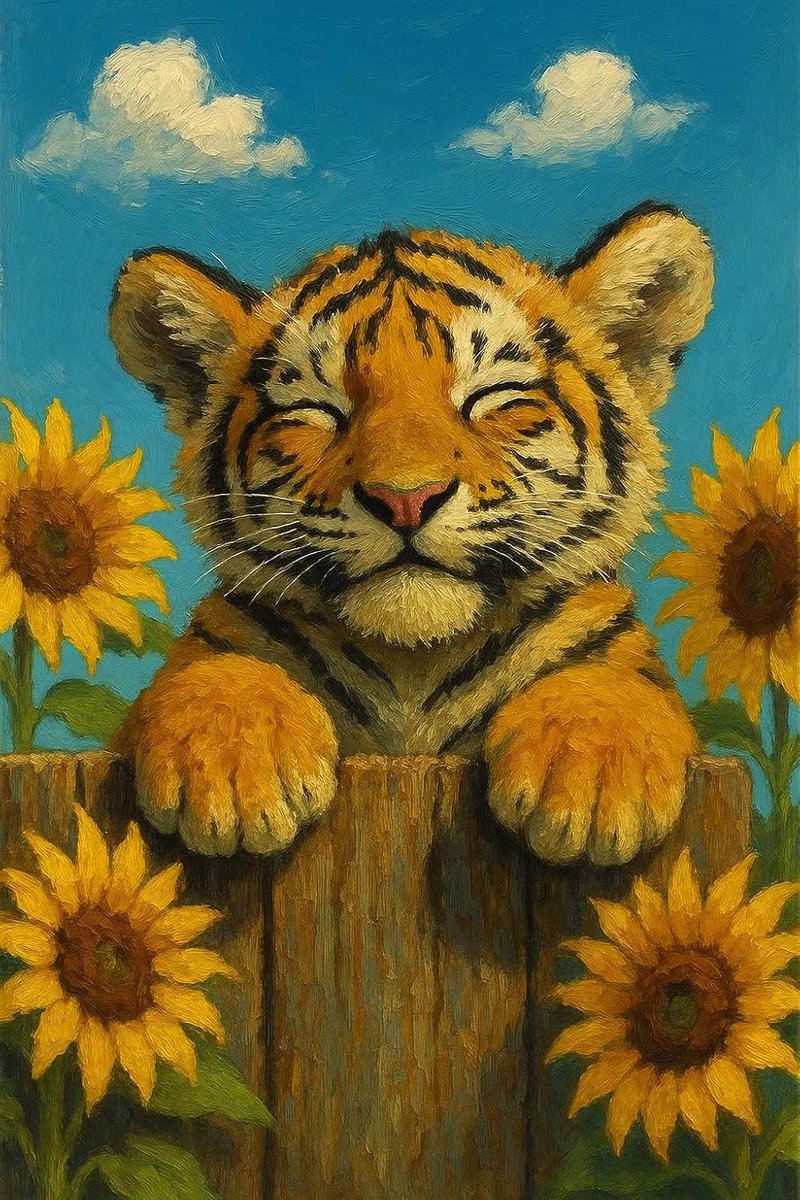 Diamantschilderset, 30 x 40 cm, tijgerbaby tussen zonnebloemen, 5D ronde stenen, HD canvas, zelfklevend, doe-het-zelf, voor volwassenen en beginners, zonder lijst, wanddecoratie cadeau-idee