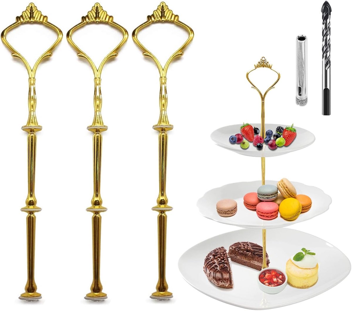 Taartstandaard, 3 sets staven voor taartstandaard, accessoires voor taartstandaard, metalen sets, 2/3 niveaus, taartstandaard op voet, goud, kroonvorm