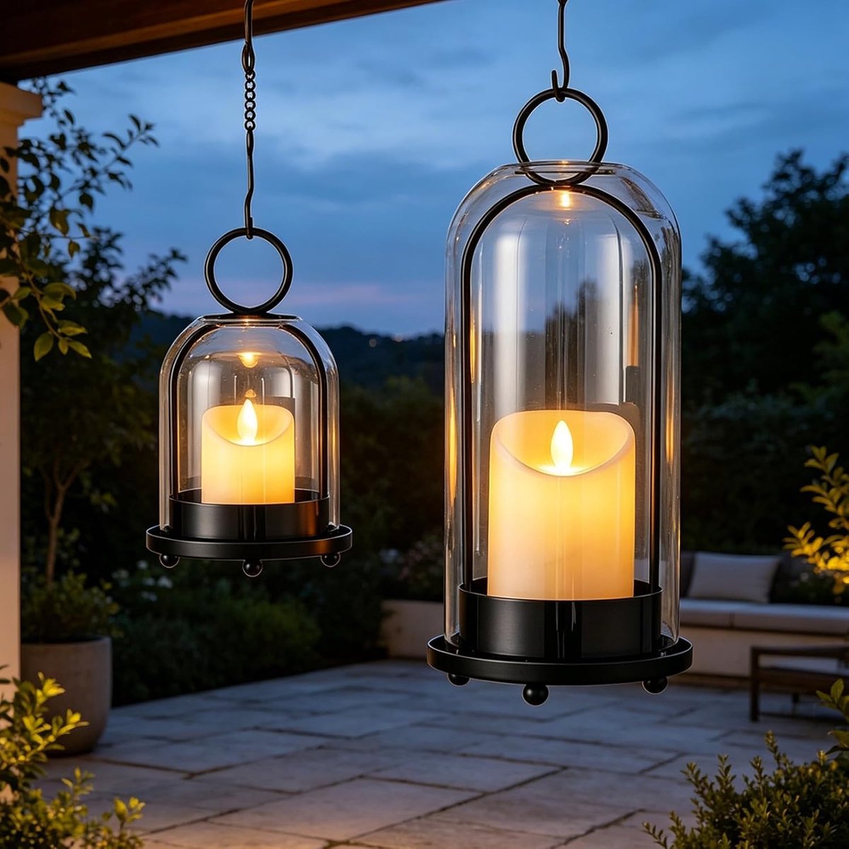 2 stuks windlicht kandelaars: transparant glas windlichten kaarsenhouder, ringgreep ophangen en plaatsen lantaarn woonkamer decoratie, metalen lantaarn voor binnen en buiten, zwart