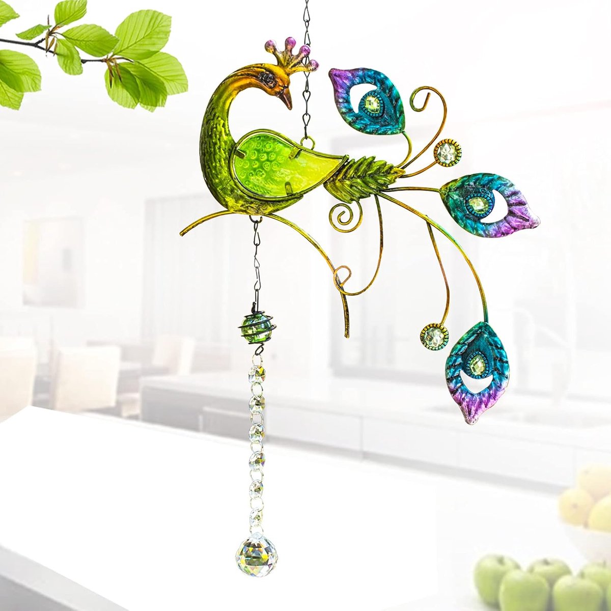Hanger met pauwenkristal, hangkroonluchter, prisma, regenboogmaker, ornament voor ramen, zonnevanger, tuin, decoratie