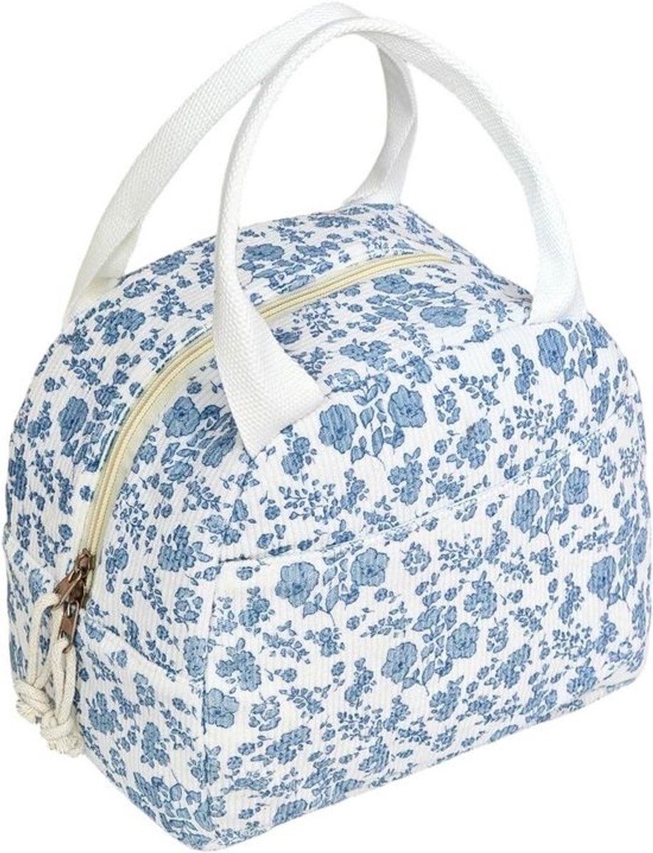 Bloemen Lunchtas - Isolerende Tas - Maaltijden Meenemen - Gewatteerd Katoen - 24x17x20 cm - Wit met Blauwe Bloemen