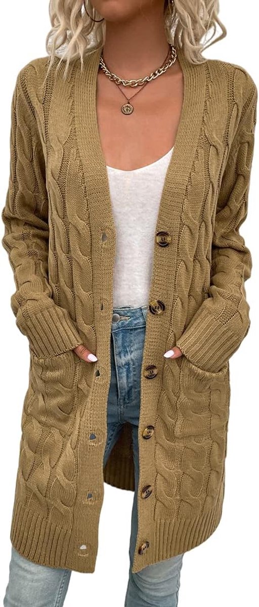 vest met lange mouwen voor dames, met knopen, lange gebreide jas