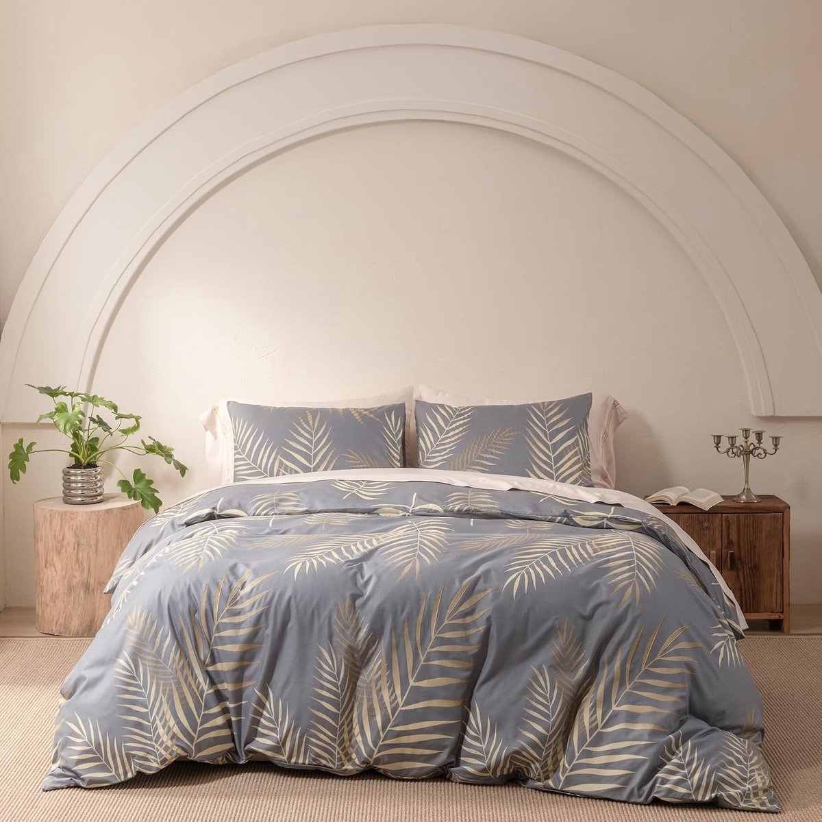 155 x 220 cm, goudgrijs, bladeren, modern elegant, zachte microvezel, dekbedovertrekset, 3-delig, met ritssluiting en 2 kussenslopen 80 x 80 cm