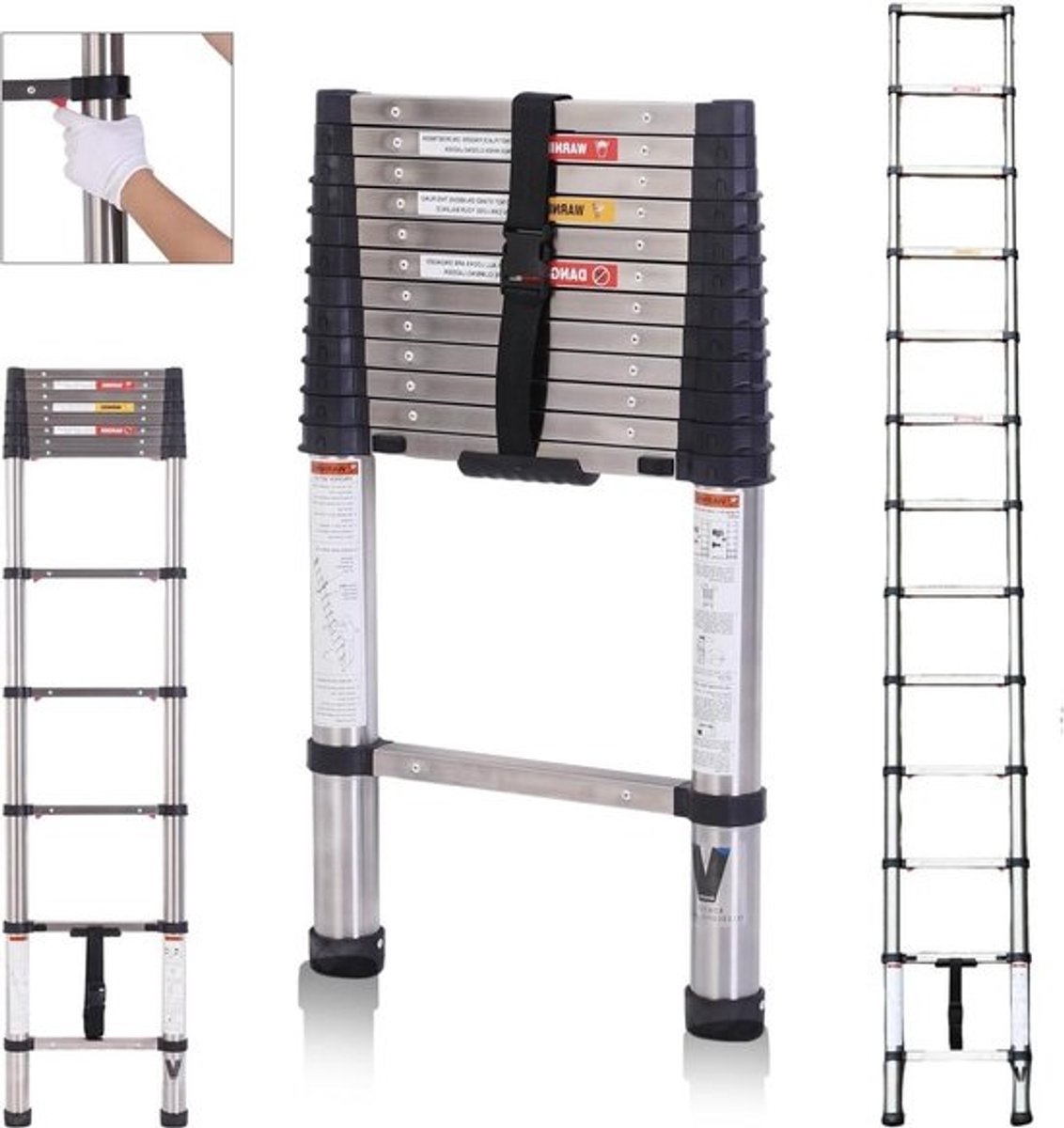 Telescopische ladder 3,8 meter - verlengstap ladder roestvrij staal inklapbaar - thuis RV loft ladder - maximale capaciteit 100 kg Telescopische ladder