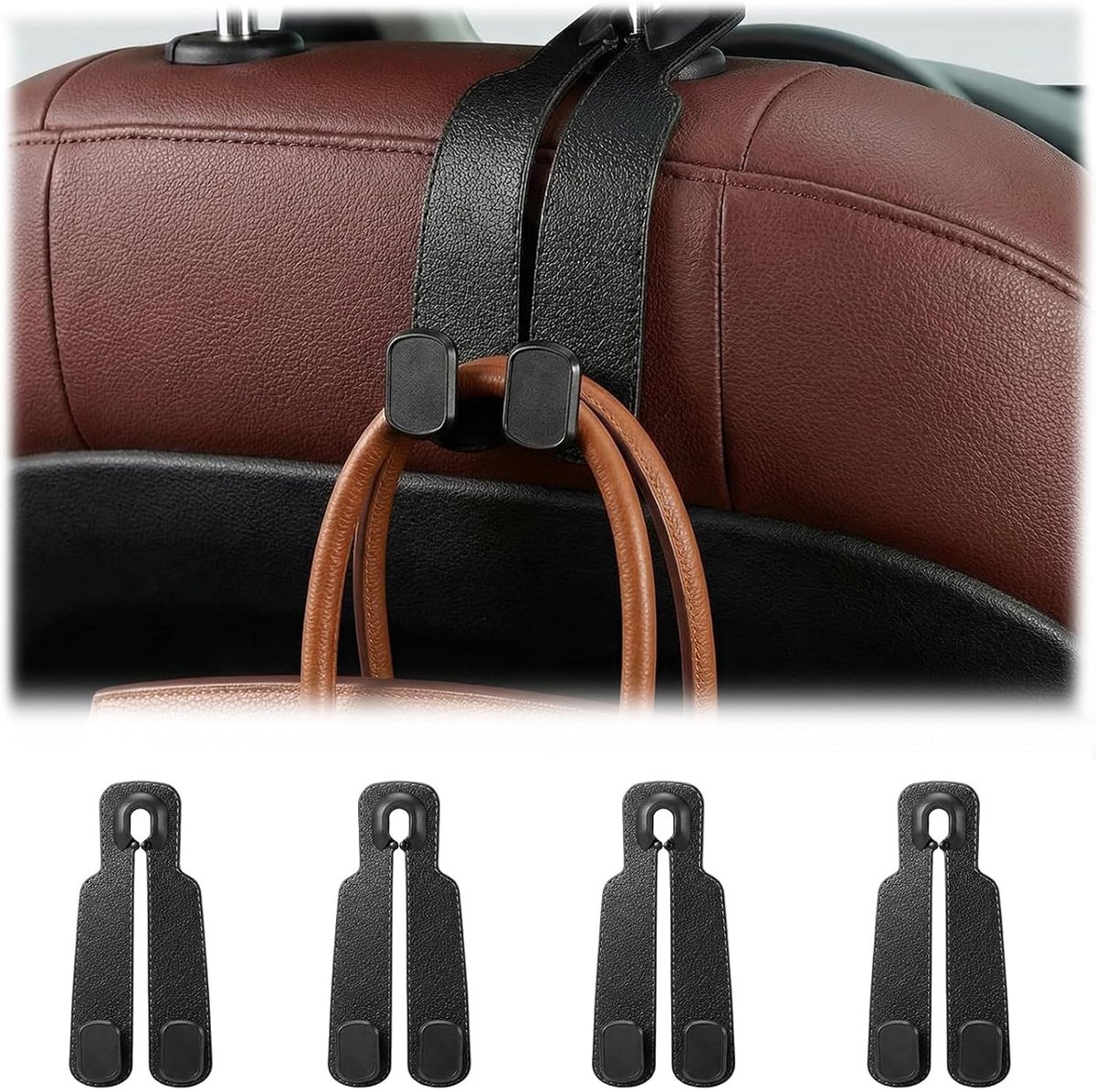 Set van 4 haken voor hoofdsteun in de auto, van PU-leer, opslag voor autostoel met telefoonhouder, auto-accessoires voor het ophangen van handtassen, kleding, boodschappentassen - zwart (16,5 x