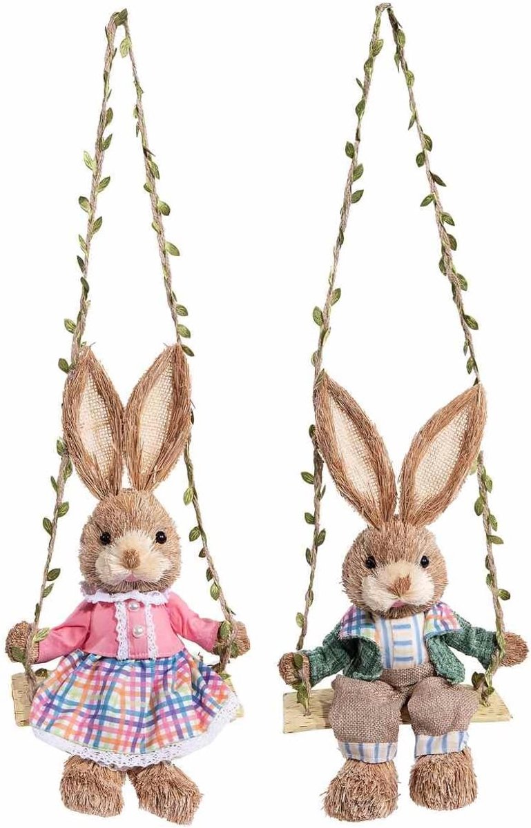Maruccia - Paashaas van stro op schommel - kunsthandwerk voor thuis en winkels - cadeau-idee Pasen - Set van 2 stuks