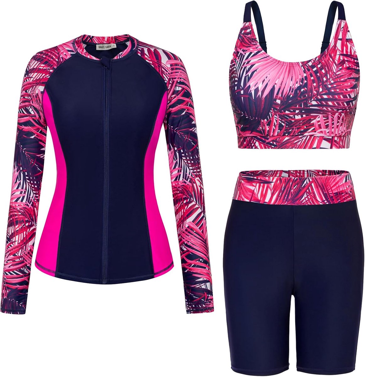 Badpak voor dames, 3-delig, lange mouwen, met ritssluiting, elegante tankini set met jas, surfkleding, zwemshirt
