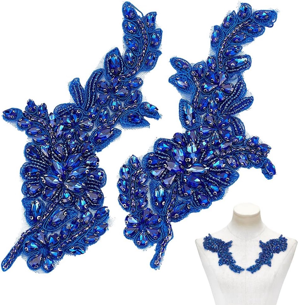 2 stuks strass-riempatches, 19,8 x 9,8 cm, 3D-bloemenapplicatie van kralen versierd met kristallen, voor bruidsriem, ceremoniejurk, afstudeerstola, blauw
