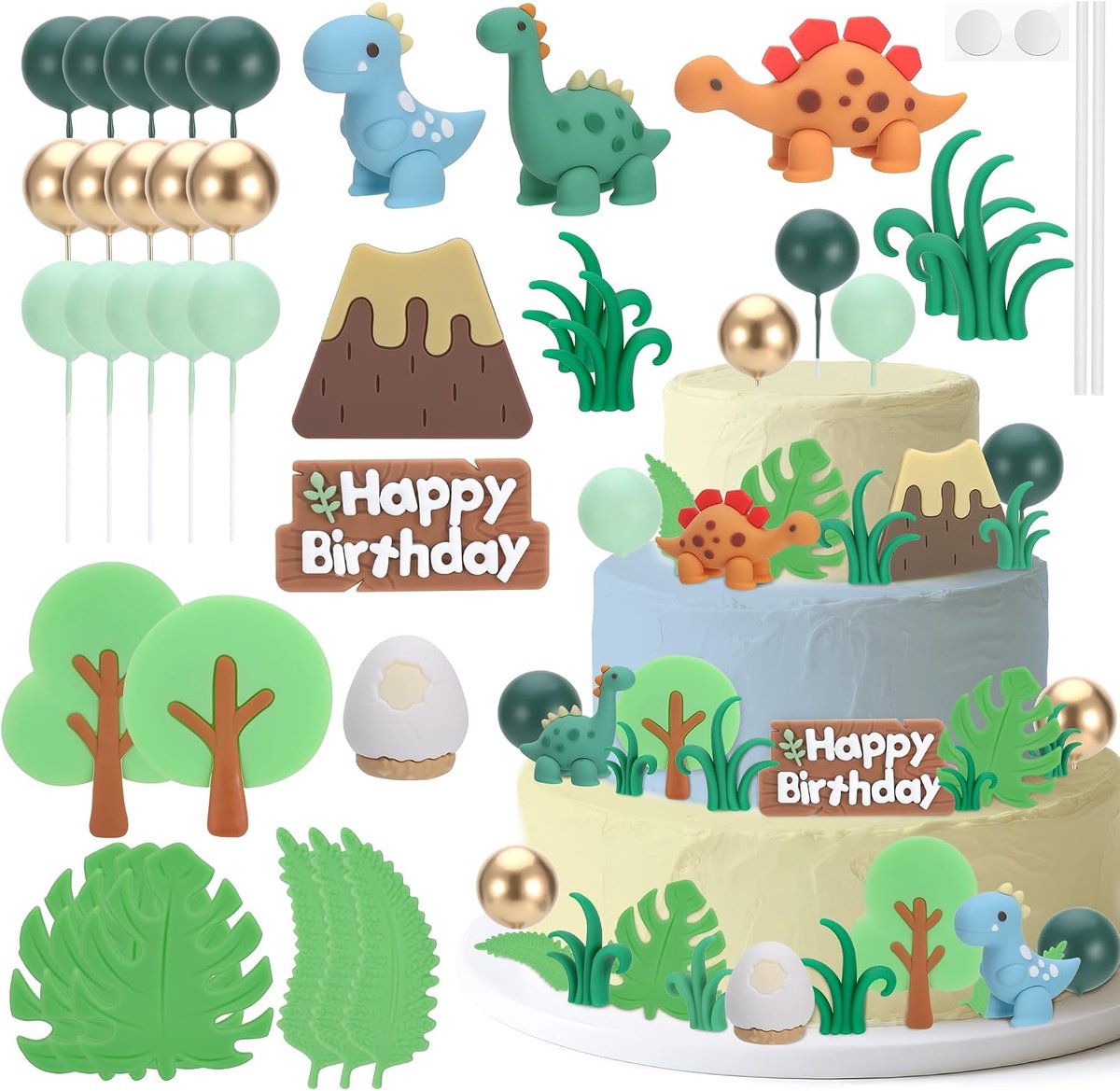 35 stuks dinosaurus taarttopper cupcake topper, 3D-taartdecoraties, Happy Birthday Caker Topper voor dinosaurus thema jongen meisje kind verjaardagsfeestje benodigdheden