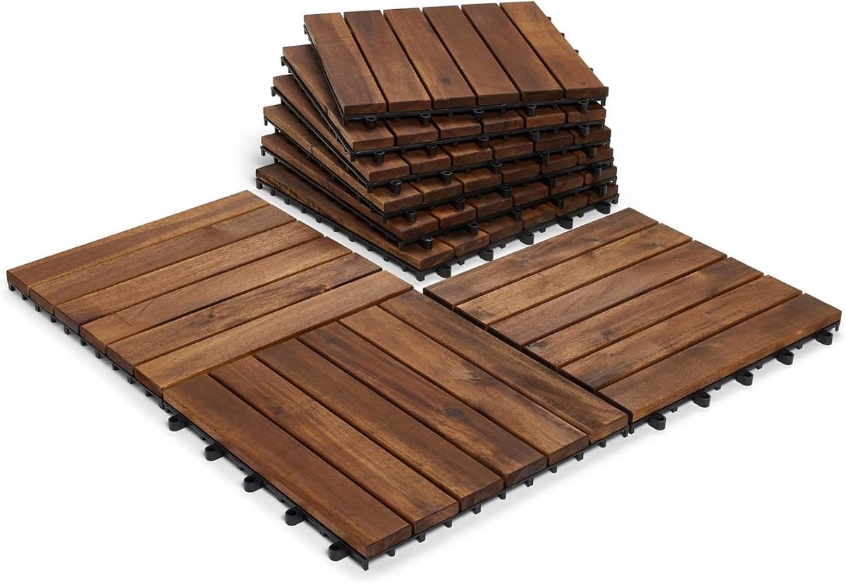 Tegels van massief acacia, kleurrijke glasparels, 6 stuks, extra dik voor terrassen van hout voor patio, tuin, balkon, whirlpool. Tegels vierkant voor terras 30 cm