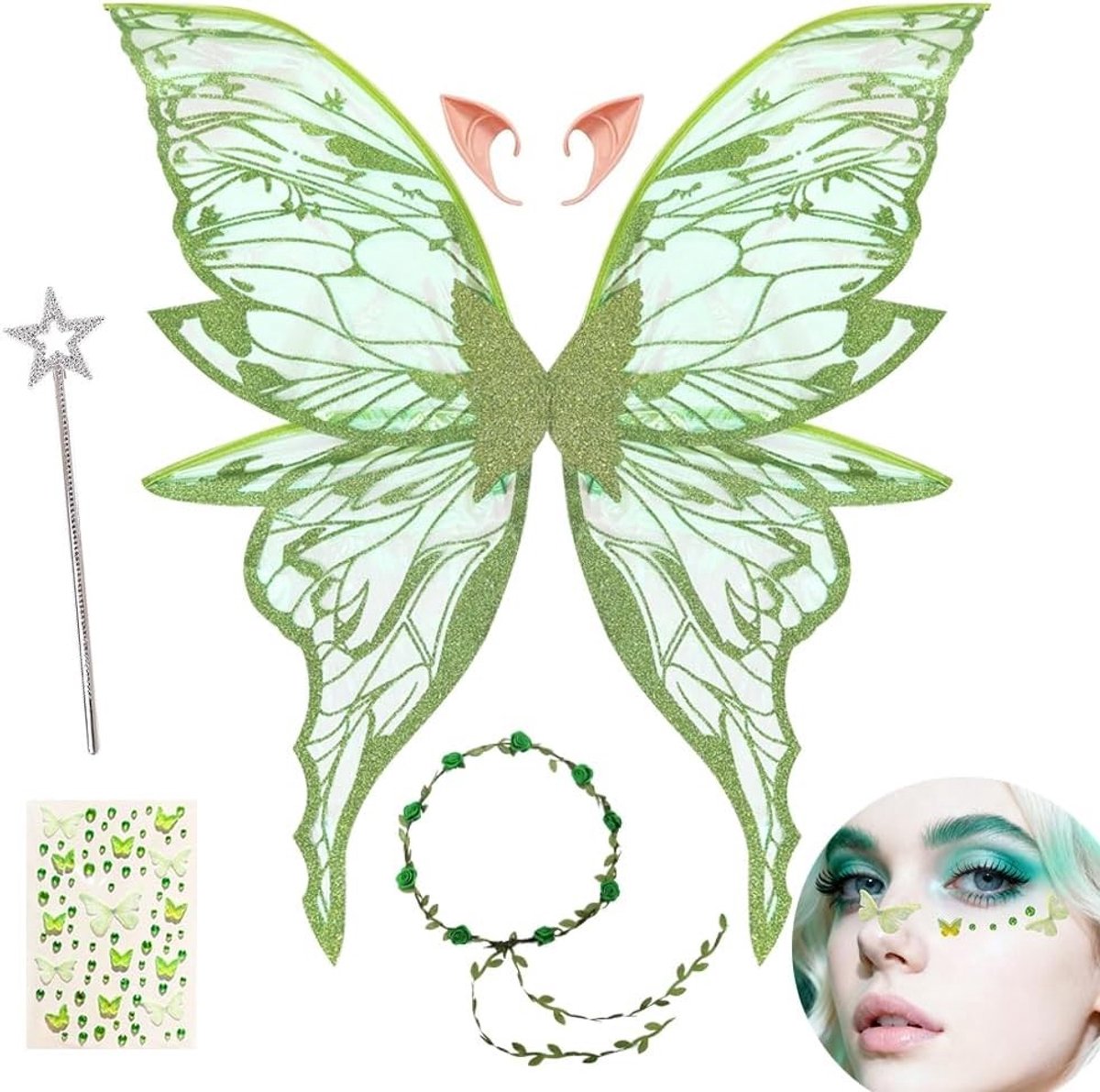 Vleugels voor kinderen, feeënkostuum, vlinderwings met elfenoortjes, prinsessenaccessoires voor carnaval en feesten