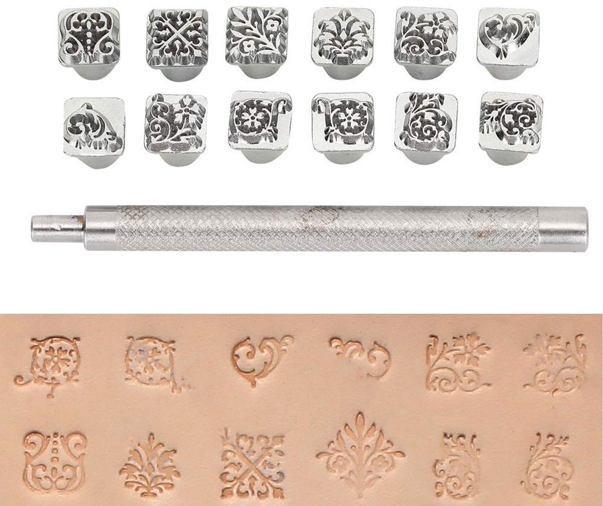 Stempel, 10 mm metalen stansgereedschap, 12 botanische stempels en handvat voor leer reliëf, doe-het-zelf klei, handwerk print