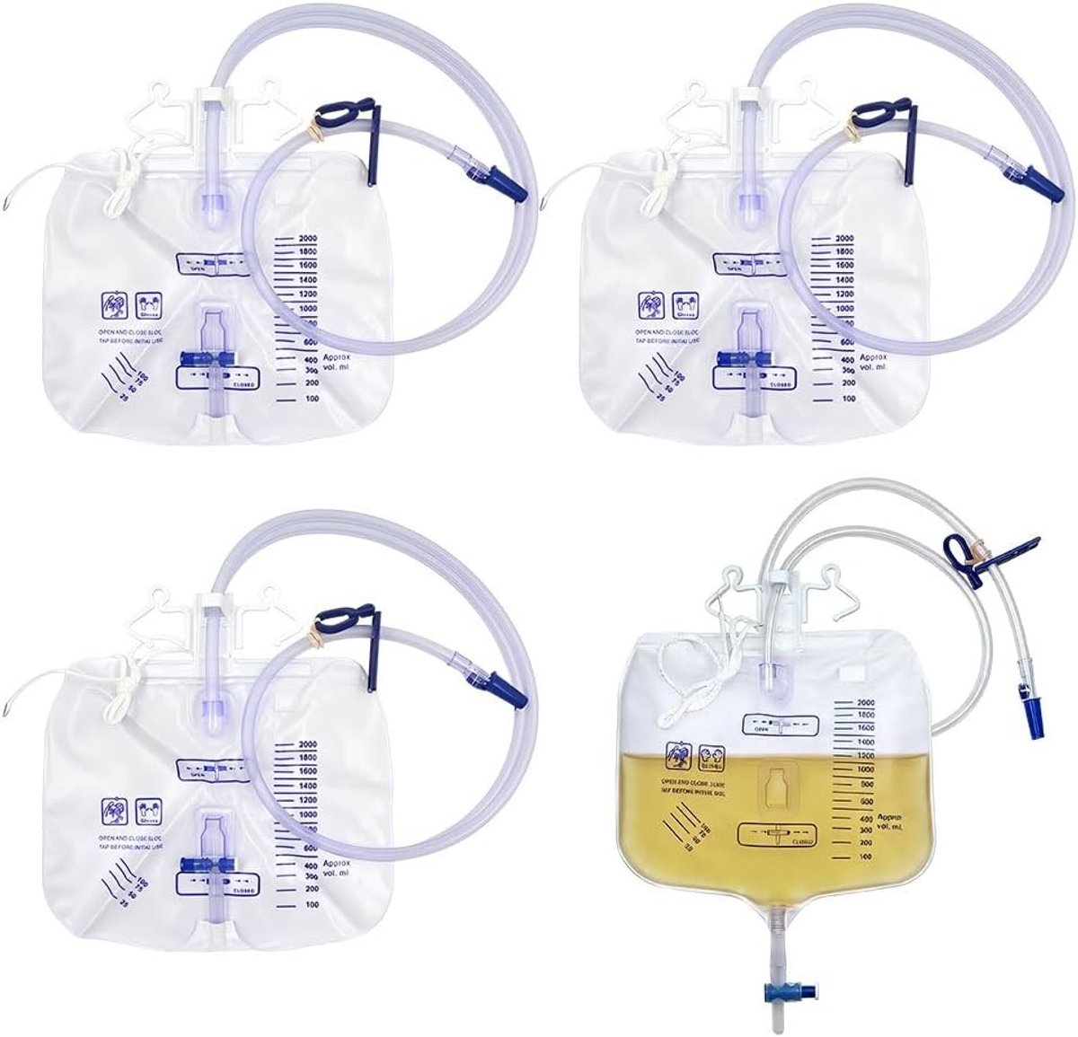 4 Stuks Urinezakken met T-Afvoer en Anti-Reflux Ventiel, 2000 ml Urinetragesysteem, Ideaal voor Thuisgebruik en Ziekenhuiszorg