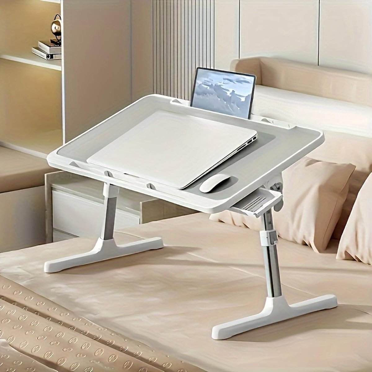 Bedtafel, inklapbaar, 5 in hoogte verstelbaar, laptoptafel voor bed, tablettafel, laptoptafel voor bank, vloer, werken, studeren, lezen, schrijven, eten, geschikt voor laptops tot 17 inch