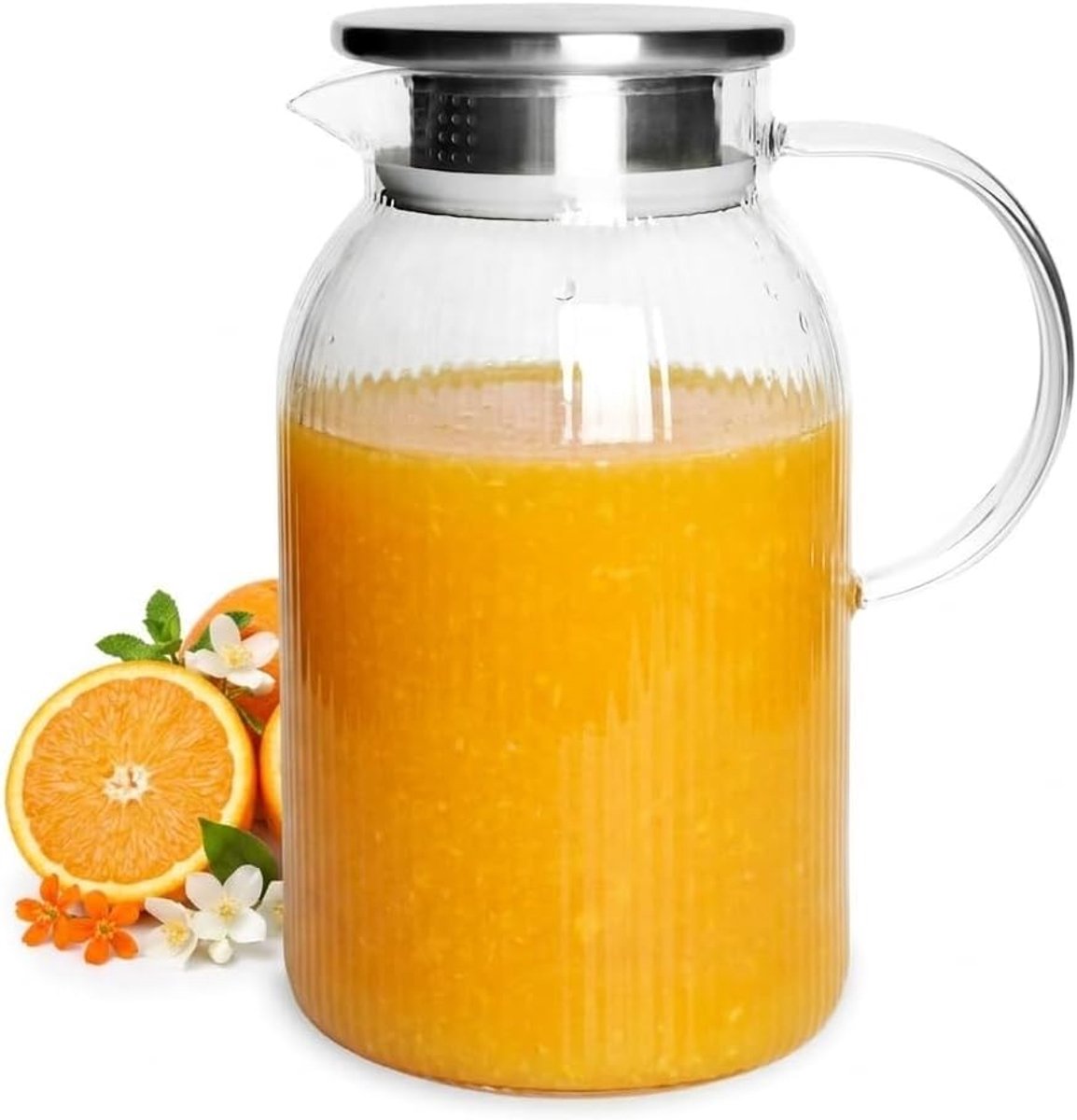 Glazen karaf 1,1 l met geribbeld roestvrijstalen deksel, waterkan van borosilicaatglas met groeven en handvat, hittebestendige waterkaraf, glazen kan voor thee, ijsthee, sap, limonade