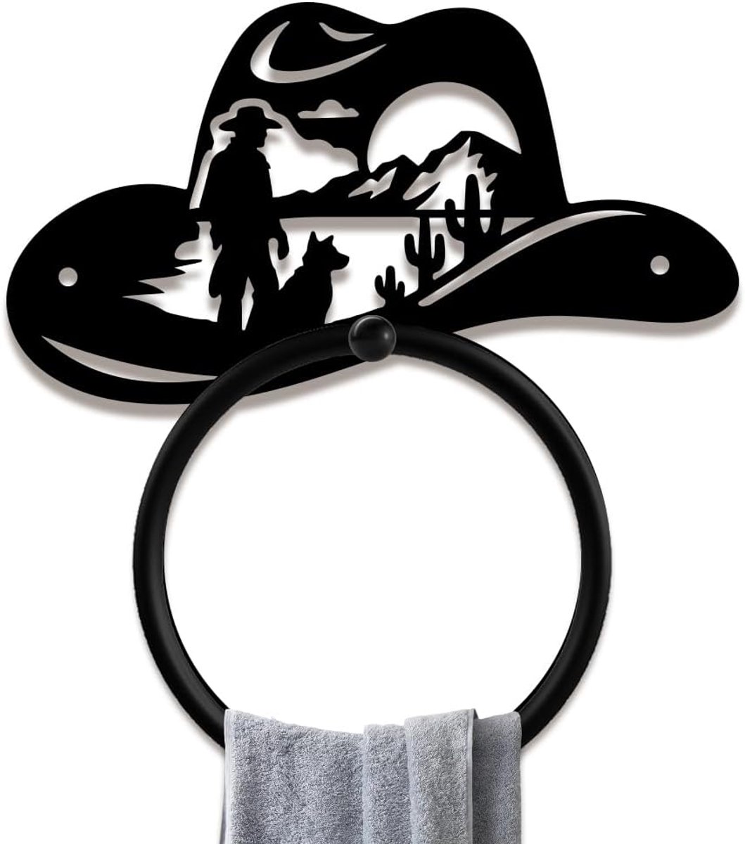 Hoed Metalen Handdoek Ring Westerse Rustieke Wandmontage Handdoekhouder 13cm/5.1" Decoratieve Zwarte Kunst Handdoeken Rack voor Badkamer Keuken Hanger Thuis Hotel Bar Toilet Decors