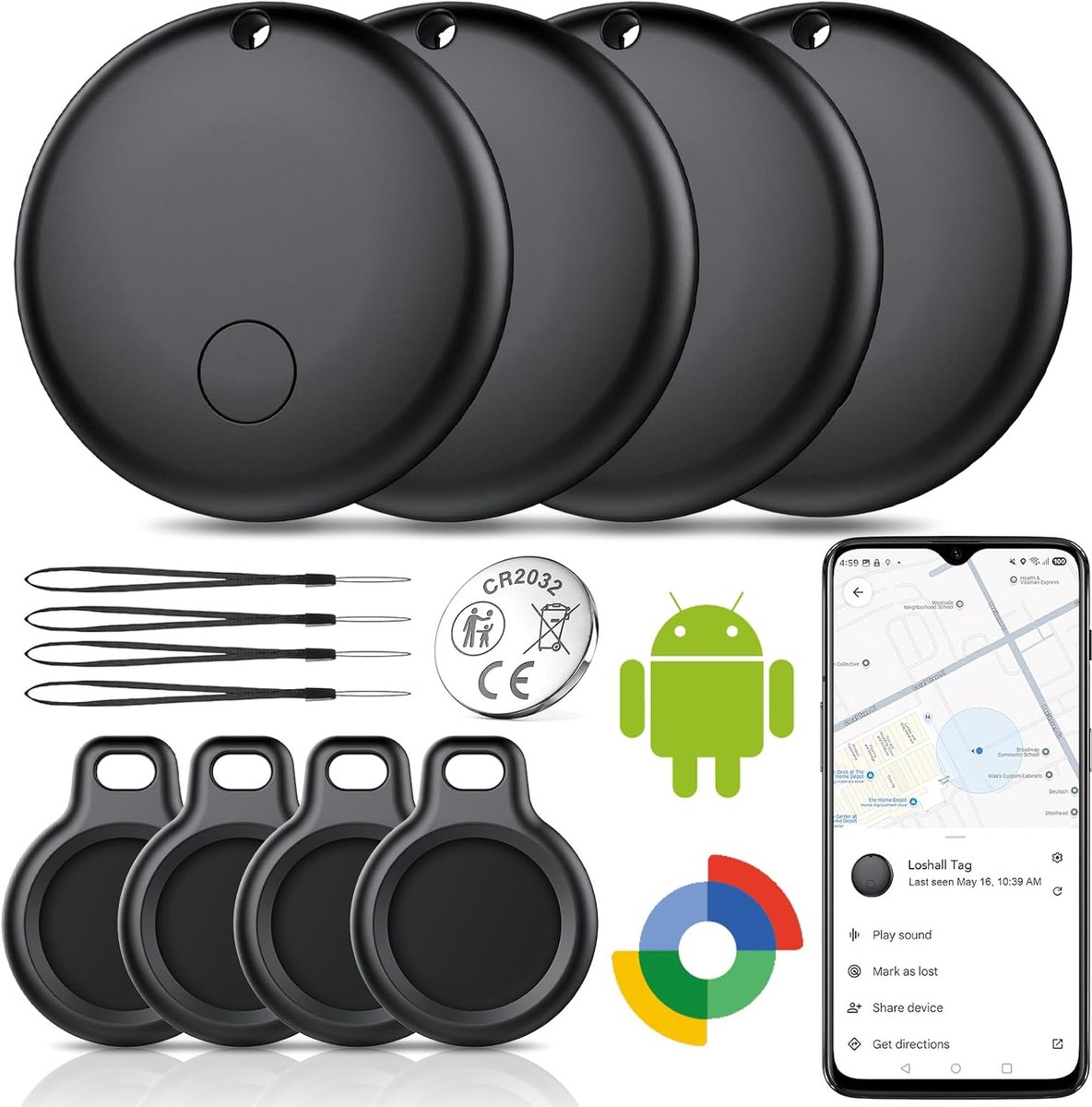 Smart Tag, tracker, compatibel met Google Find Hub-app (alleen Android), bluetooth-vinder, sleutelvinder, portemonnee, bagage, waterdicht IP68, 4 zwart