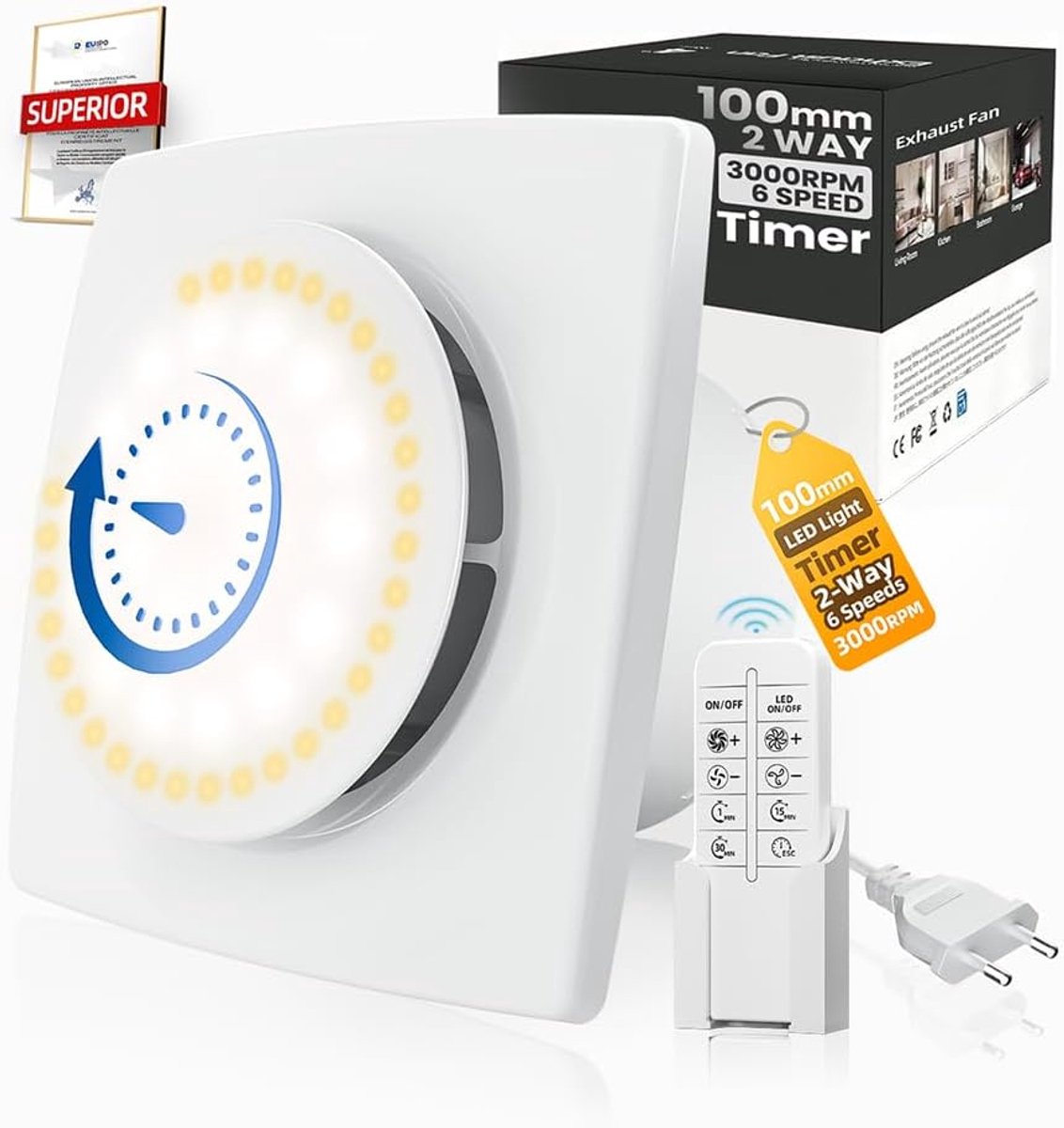 Ventilator 100mm Timer,3000tr/min 220m³/h,VMC 2 Richting 6 Snelheden Met LED Verlichting+Afstandsbediening,Luchtdebiet D'Lucht Krachtig 2W Motor DC Eenvoudig Installeren Badkamer Wasruimte