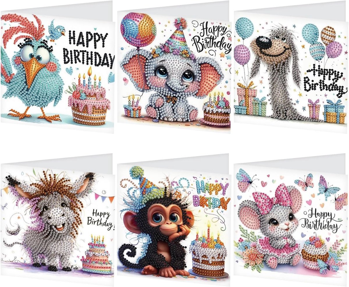 6 stuks Diamond Painting verjaardagskaarten set dieren 30 x 15 cm diamant schilderij wenskaarten verjaardag Happy Birthday kaarten wenskaart met enveloppen voor vrienden familie geschenken