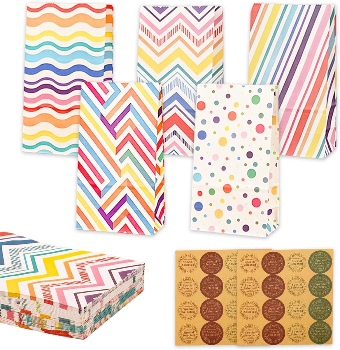 regenboogzakjes, 25 stuks, cadeauverpakking met 32 zelfklevende papieren zakken voor snoep, kinderverjaardagszakjes voor het verpakken van geschenken, bruiloften, feesten, Pasen, Kerstmis