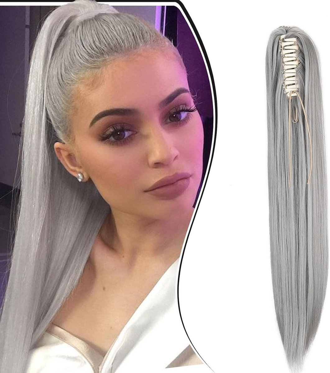 Klauw op Paardenstaart Haarstuk Vlecht Verlenging Rechte Lange Paardenstaart Extensies Haarverlenging Synthetische Ponytail, 50cm Donkergrijs