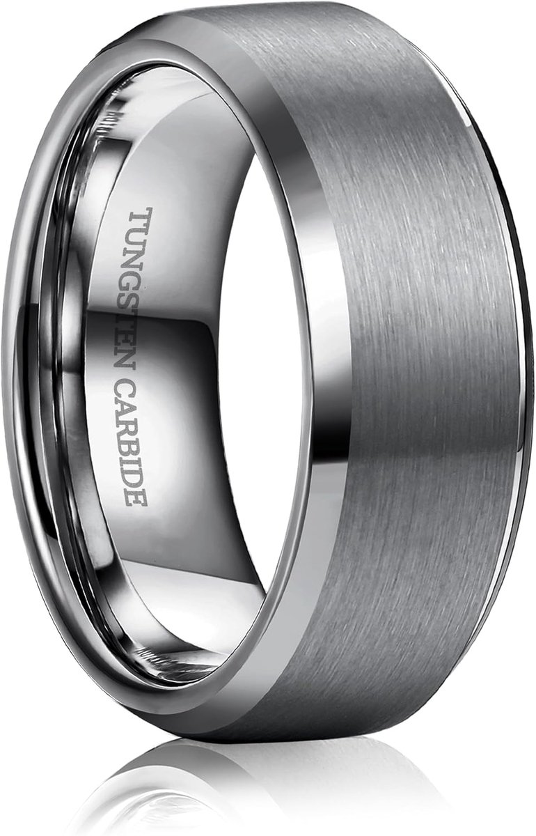 Ringen, zwart/zilver mat geborsteld, 8 mm, trouwring, belofte, verloving voor mannen en vrouwen, maat 52-72