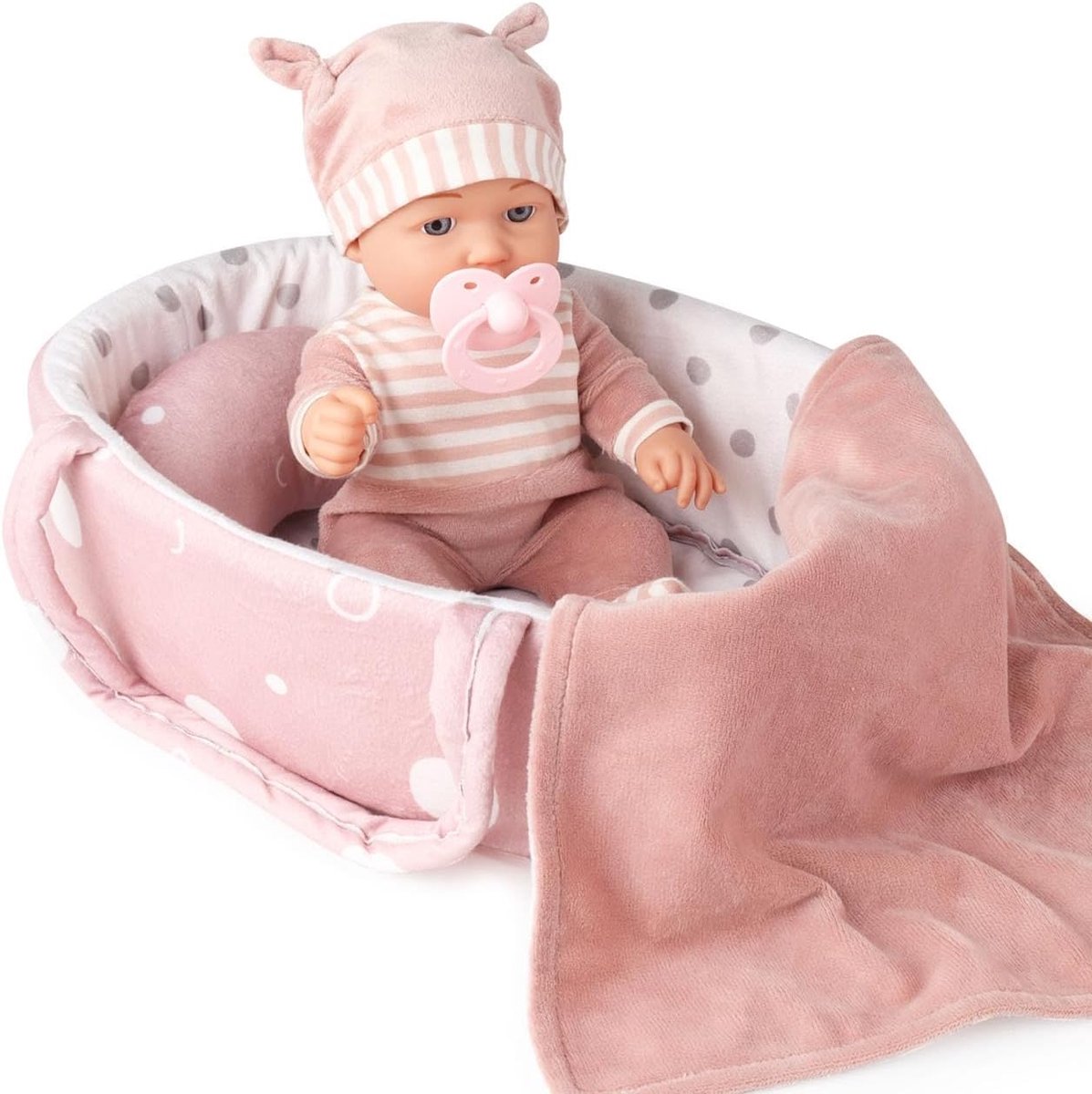 30 cm Babypop Playset met Wasbare Accessoires – Incl. Babydraagzak, Draagwiegje, Speen, Deken & Kussen. Mijn Eerste Pop voor Peuters Maanden
