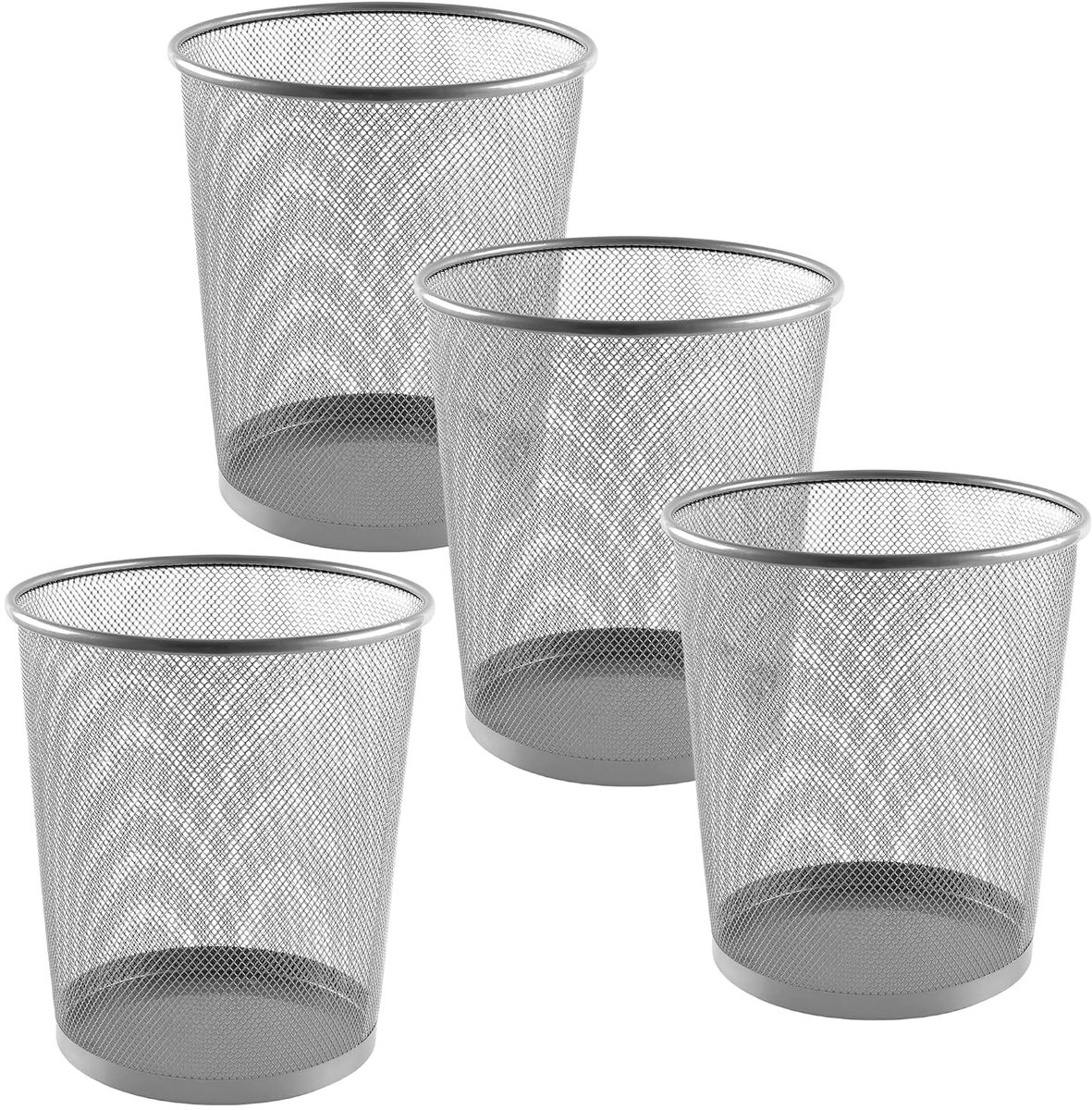 Set van 4 metalen prullenbakken van 9 liter, ronde afvalemmers voor kantoor en slaapkamer, zilver, compact formaat 26 x 23 x 18,5 cm