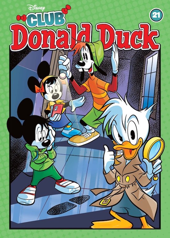Club Donald Duck Pocket 21: Donald Duck met vergrootglas, Mickey Mouse en Minnie Mouse met zaklampen, en Goofy met hoed speuren in een gang.