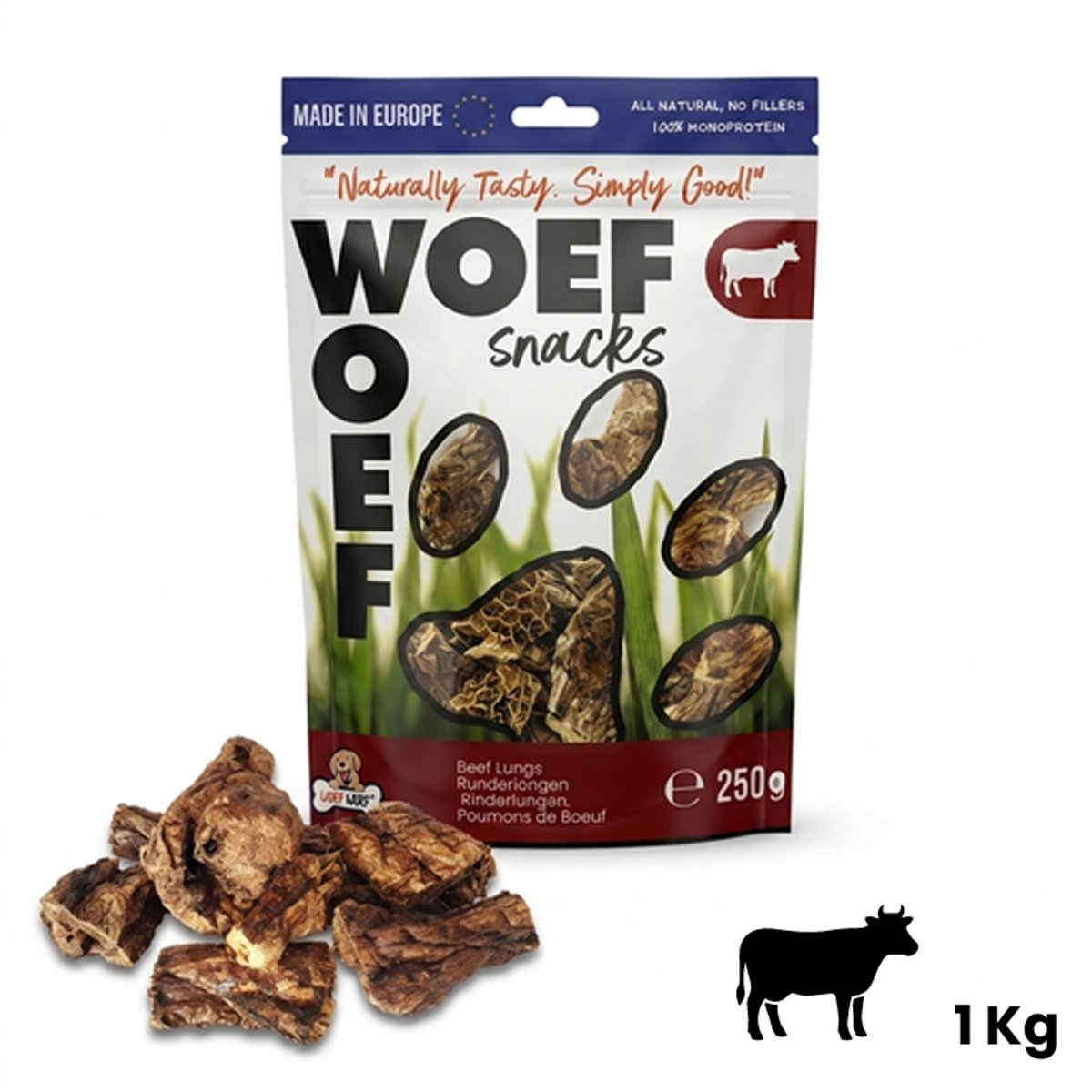 Woef Woef Snacks Hondensnacks Runderlongen - 1.00 KG - Kauwsnacks - Gedroogd vlees - Rund - Honden vanaf 8kg - Geen toevoegingen