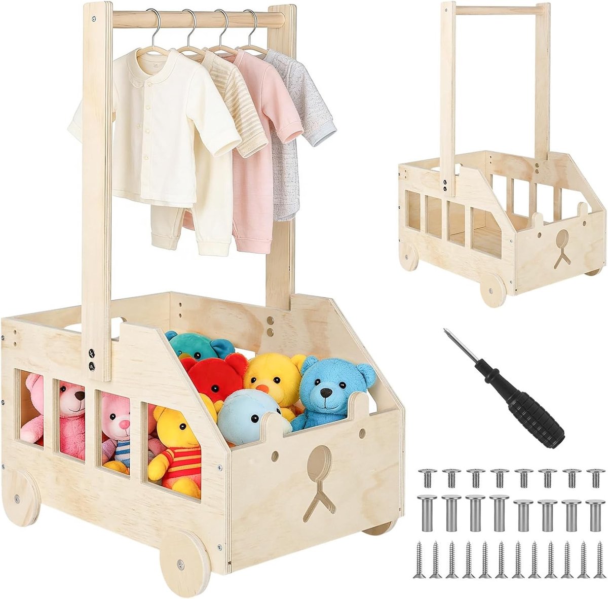 Houten Baby Boodschappenmand met Wielen en Handvat, Perfect voor Baby Shower, Kraamcadeau en Babyverzorging, Geschikt voor Jongens en Meisjes
