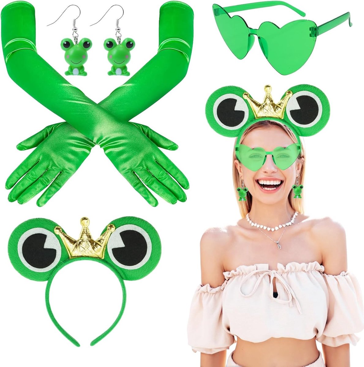 4-delige Kikker Kostuum Accessoires Set met Hoofdband, Bril, Oorbellen en Groene Handschoenen voor Carnaval en Feestjes