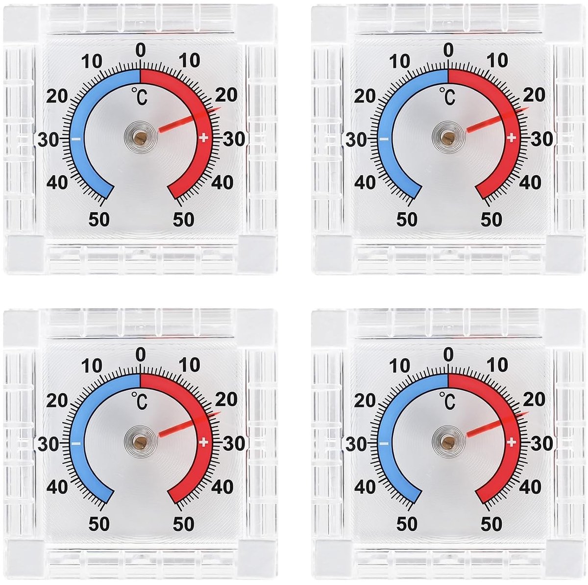 Zelfklevende Raamthermometer Set van 4, Weerbestendig, Analoge Thermometer voor Buiten, 7.5 x 7.5 cm, Ideaal voor Tuin en Balkon
