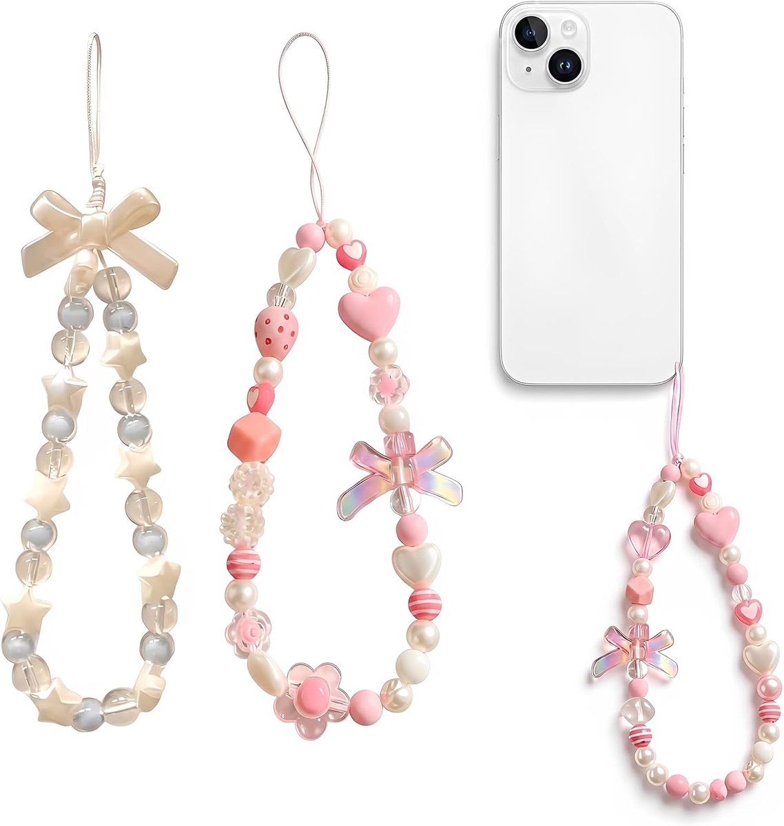Set van 2 telefoonkettingen van parels met hart en ster, decoratieve bedels voor telefoon, camera, esthetische polsband voor beschermhoes, tas en sleutels, modeaccessoire