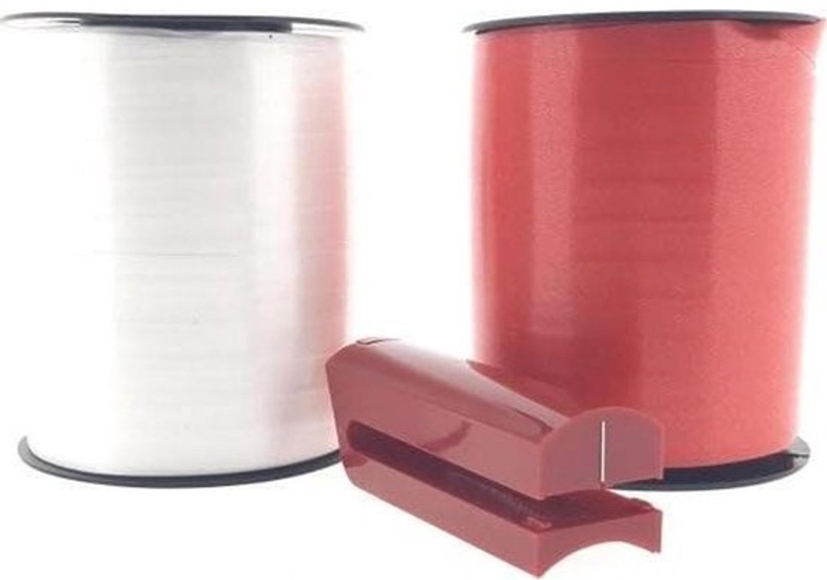 Krullintset - Cadeaulint Verpakkingslint - Cadeaus Versieren - Inclusief Krullint Splitter - 10 mm x 250 meter - Rood en Wit
