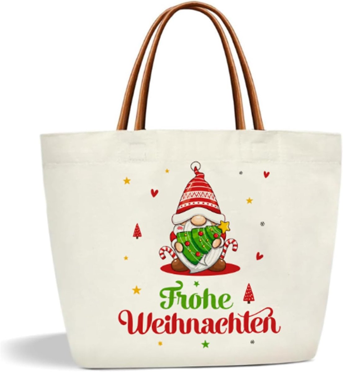 Kersttas voor dames met kaboutermotief, grote canvas boodschappentas 42 x 32 x 15 cm, kerstcadeaus voor vrouwen, cadeauzakjes Kerstmis, kersttas voor winkelen en kerstmarkt