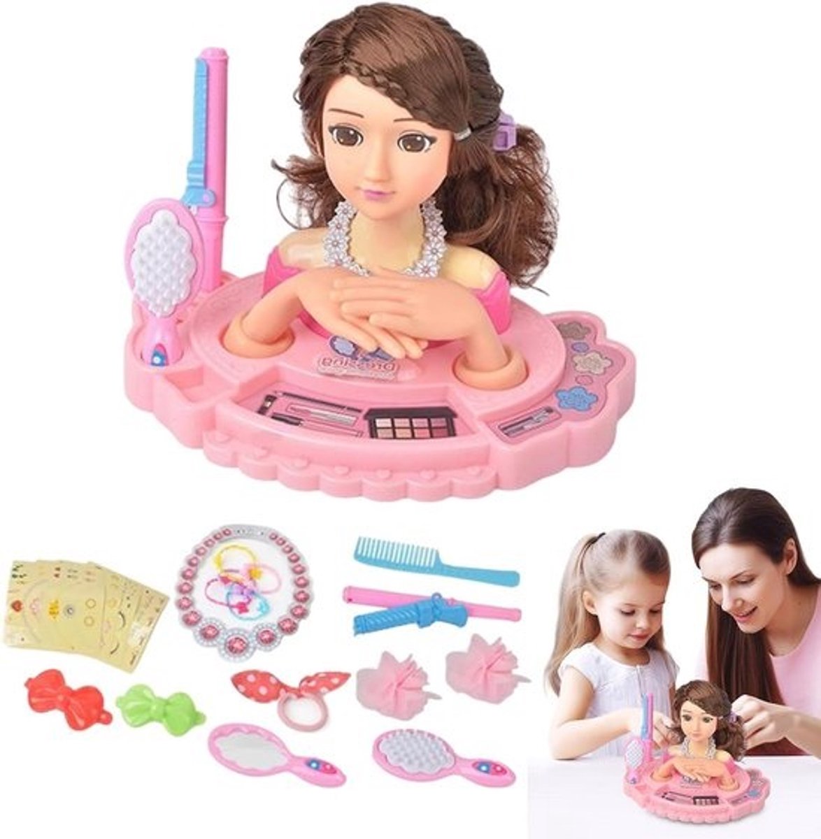Kinder Haarstyling Pop - Make-up Poppenhoofd - Oefenen Kapsels - Inclusief Salon Accessoires - 19.5 x 17.5 x 13.5 cm