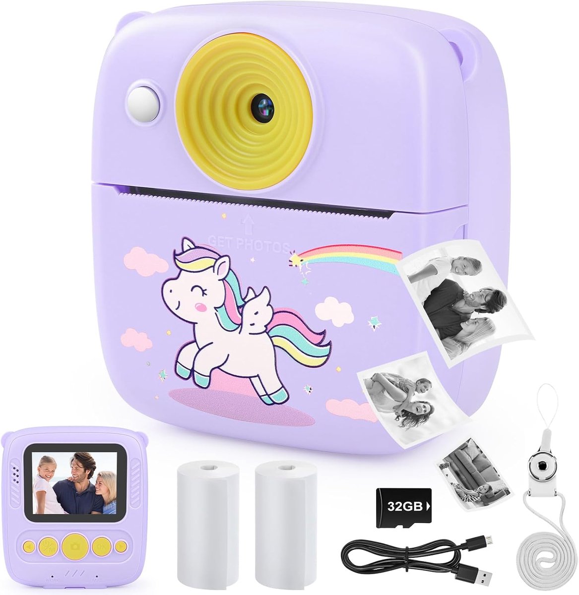 Instant camera voor kinderen, 48 MP kindercamera, instant camera met printpapier en 32 G TF-kaart, 1080p digitale camera voor kinderen, cadeaus voor jongens en meisjes, 3, 4, 5, 6, 7, 8, 9 jaar,
