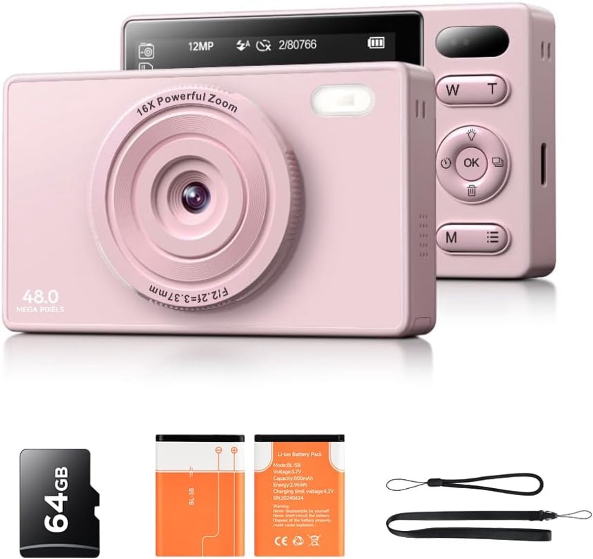 64GB Digitalkamera Kinder Fotokamera: 48MP Anti-Shake Kinderkamera Foto Vlogging Fotoapparat 16X Digital Zoom Appareil Foto Serienaufnahme Selbstauslöser Kompaktkamera für Fotografie