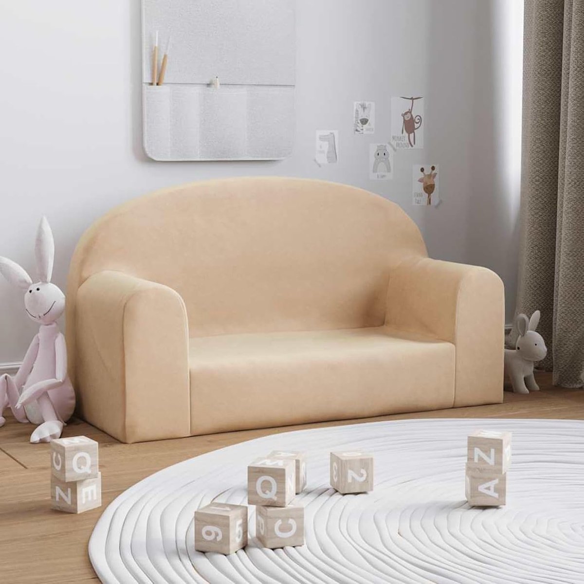 Kindersofa 2-zits crème zacht pluche, speelbank voor jongens meisjes kinderkamer kleuterschool speelkamer 357013