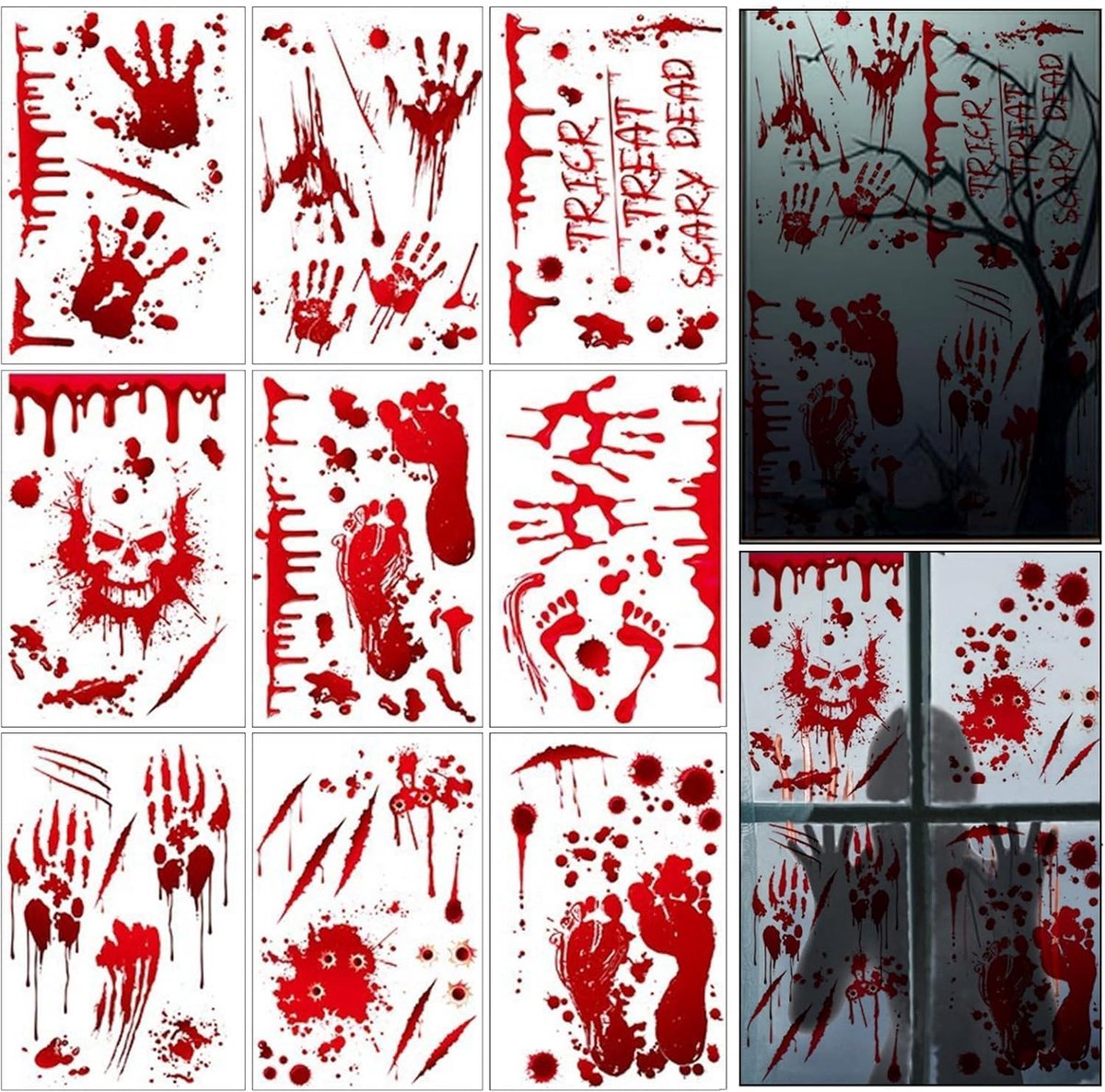 191 stuks Halloween decoraties raamklampjes, grote enge bloedige handafdruk voetafdruk raamstickers, verwijderbare statische autoraamsticker, 9 vellen raamsticker en 10 vellen tatoeagestickers