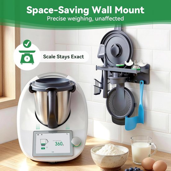 pbergrek aan de muur voor Thermomix TM6/TM5/TM31 – wandgemonteerde multifunctionele houder voor mengmes, spatel, roerhulpstuk, borstel en deksel – TM6-accessoires, 8+ Accessoires (Boorba) — afbeelding 2