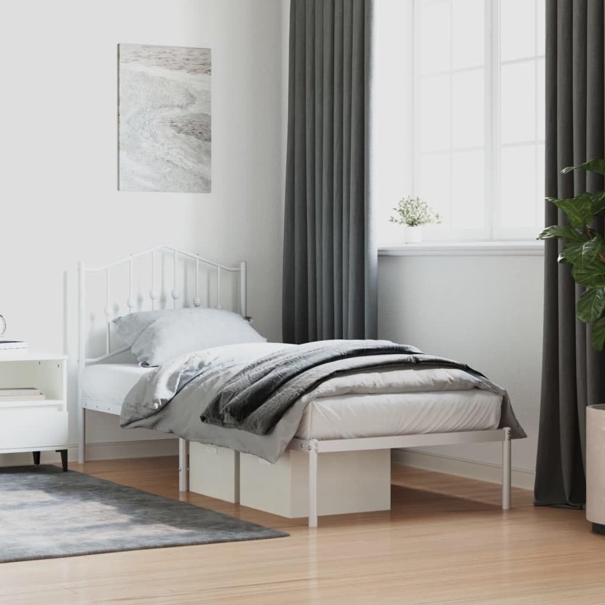 Bedframe met hoofdeinde, metaal, wit, 80 x 200 cm, hotelbedframe, slaapkamer, bedframe voor woonkamer, slaapkamer