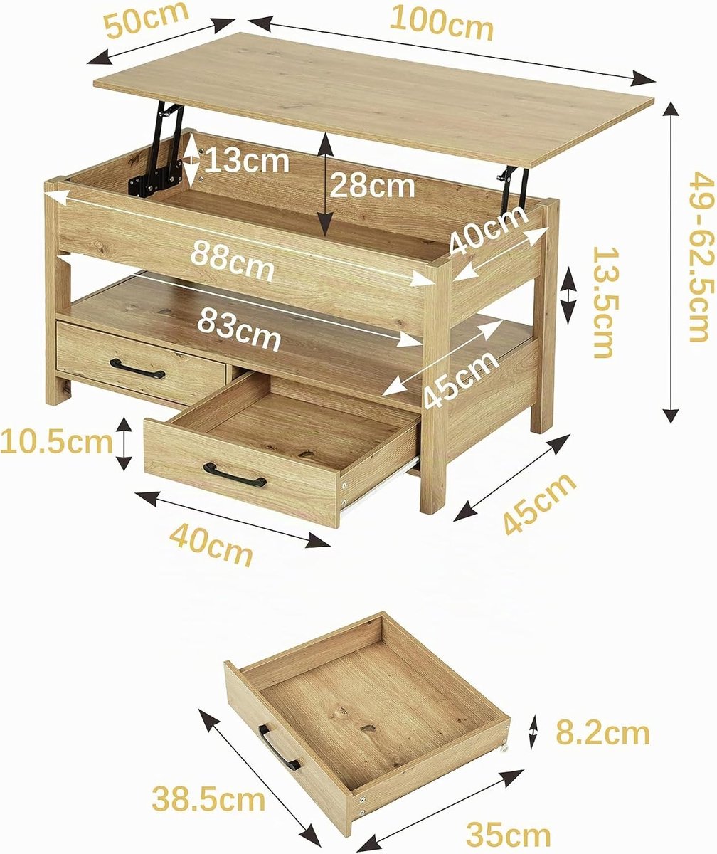 Salontafel voor de woonkamer met opbergruimte, inklapbaar, hout, met 1 opklapbaar blad en 2 laden (100 x 50 x 47,5-62 cm)
