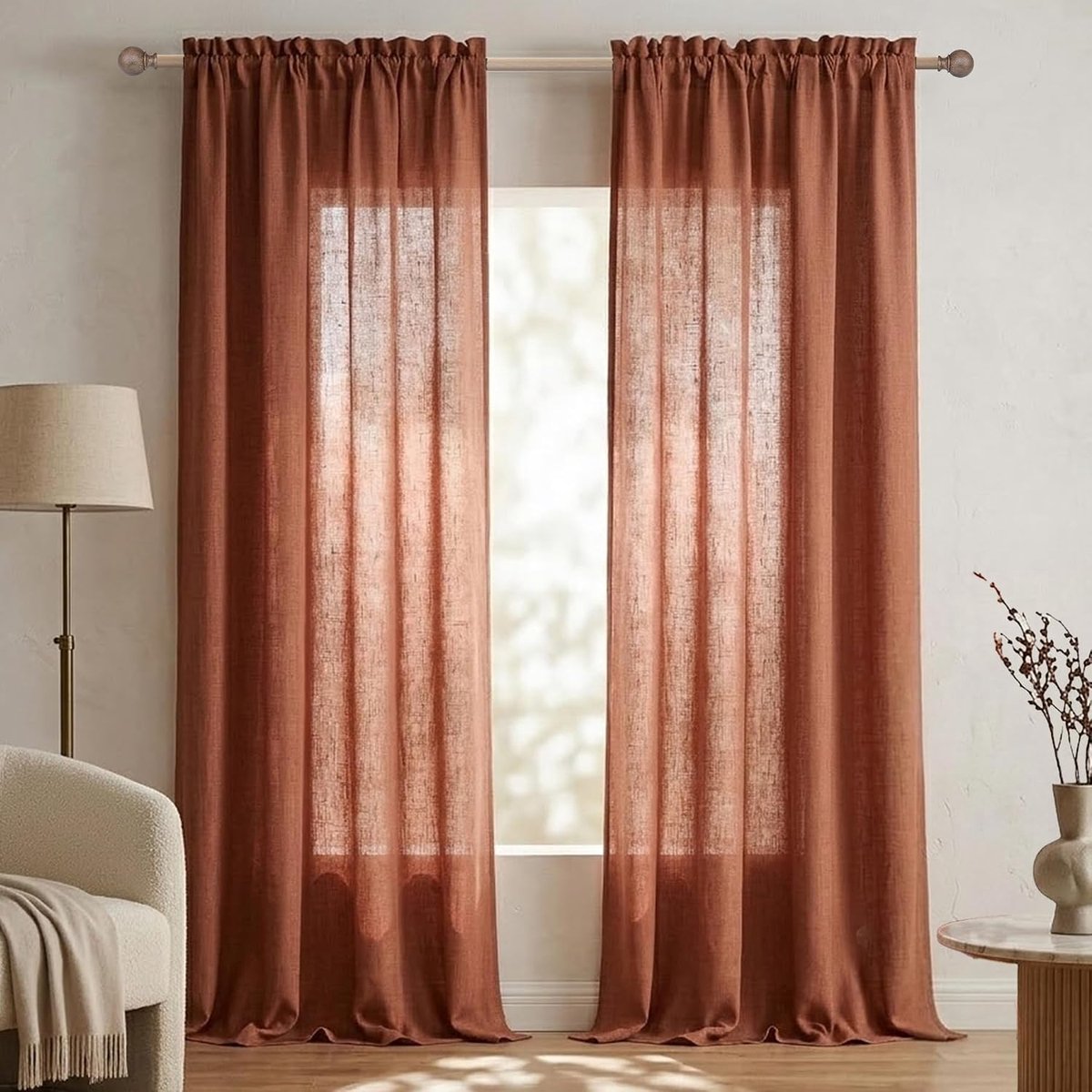 Terracotta linnen gordijnen, set van 2, met roedezak, lichtfilterend, semi-transparant, gebrand oranje, roestkleur, voor woonkamer en slaapkamer, 132 x 259 cm, western-stijl