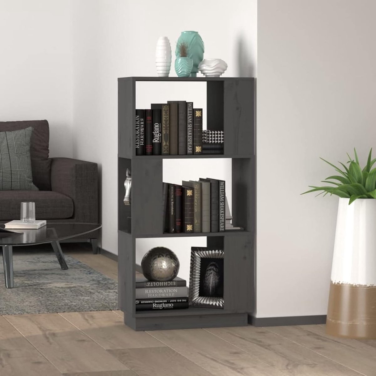 Boekenkast, grijs, boekenkast, CD-plank, archivering, meubels, boekenkast voor woonkamer, ruimteverdeler, 51 x 25 x 101 cm, massief grenen
