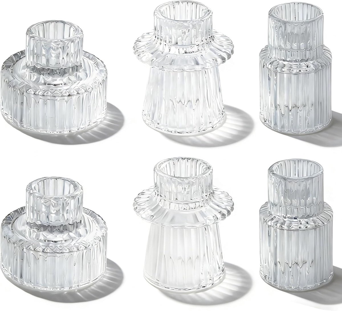 2-in-1 glazen kaarsenstandaard, set van 6 kaarsenstandaards voor staafkaarsen, kleine transparante theelichthouder voor bruiloft tafeldecoratie, eettafel feest, kerst advent, vintage