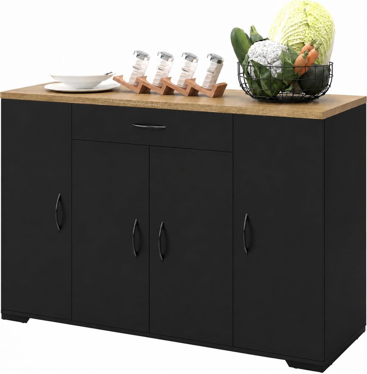 Keukenkast met Werkblad Zwart Keuken Dressoir 110 x 30 x 70 cm met Lade en 4 Deuren Lage Kast Opbergkast Sideboard voor Keuken Eetkamer Woonkamer