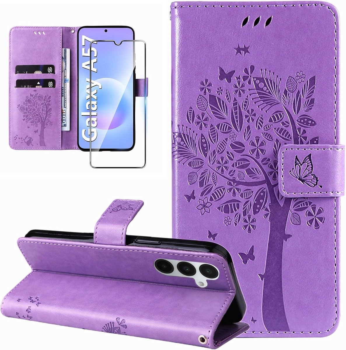 Beschermhoesje voor Samsung Galaxy A57 5G, leer, met displaybescherming, kaartsleuven, flip case, klaphoes, leer, paars